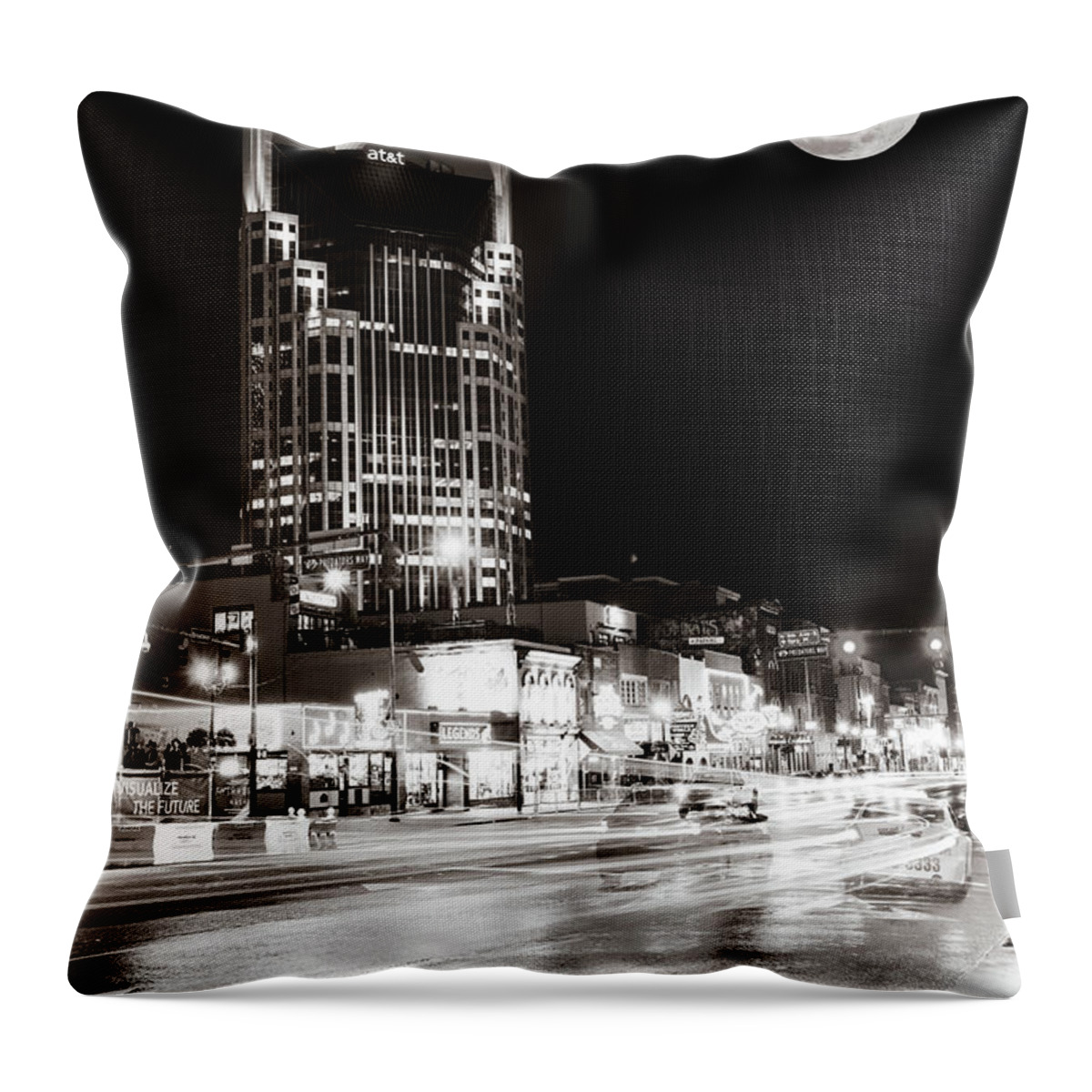 Nashville Skyline Throw Pillow featuring the photograph Nashville Supermoon From Lower Broadway in Sepia by Gregory Ballos