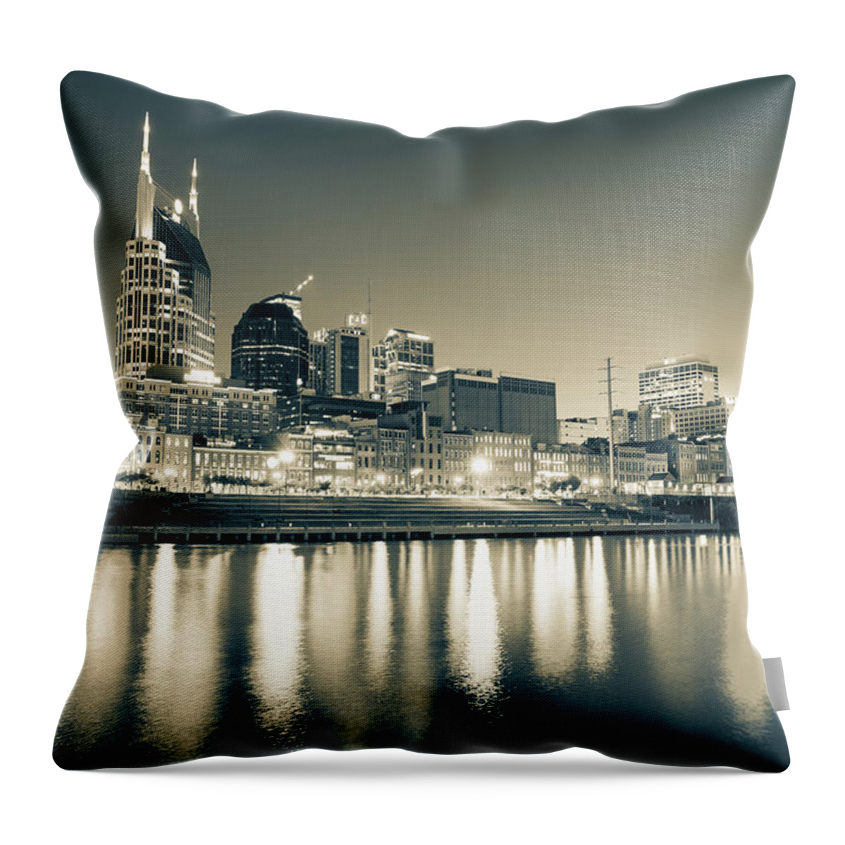 Nashville Skyline Throw Pillow featuring the photograph Nashville Tennessee City Skyline At Dusk - Sepia Monochrome by Gregory Ballos