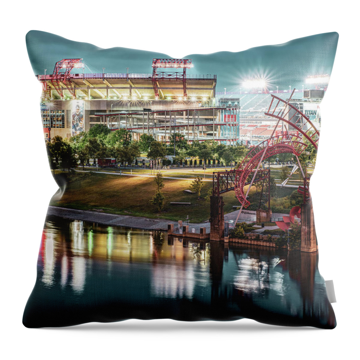 Nashville Sports Art Throw Pillow featuring the photograph Nashville Tennessee Football Stadium on the Cumberland River by Gregory Ballos