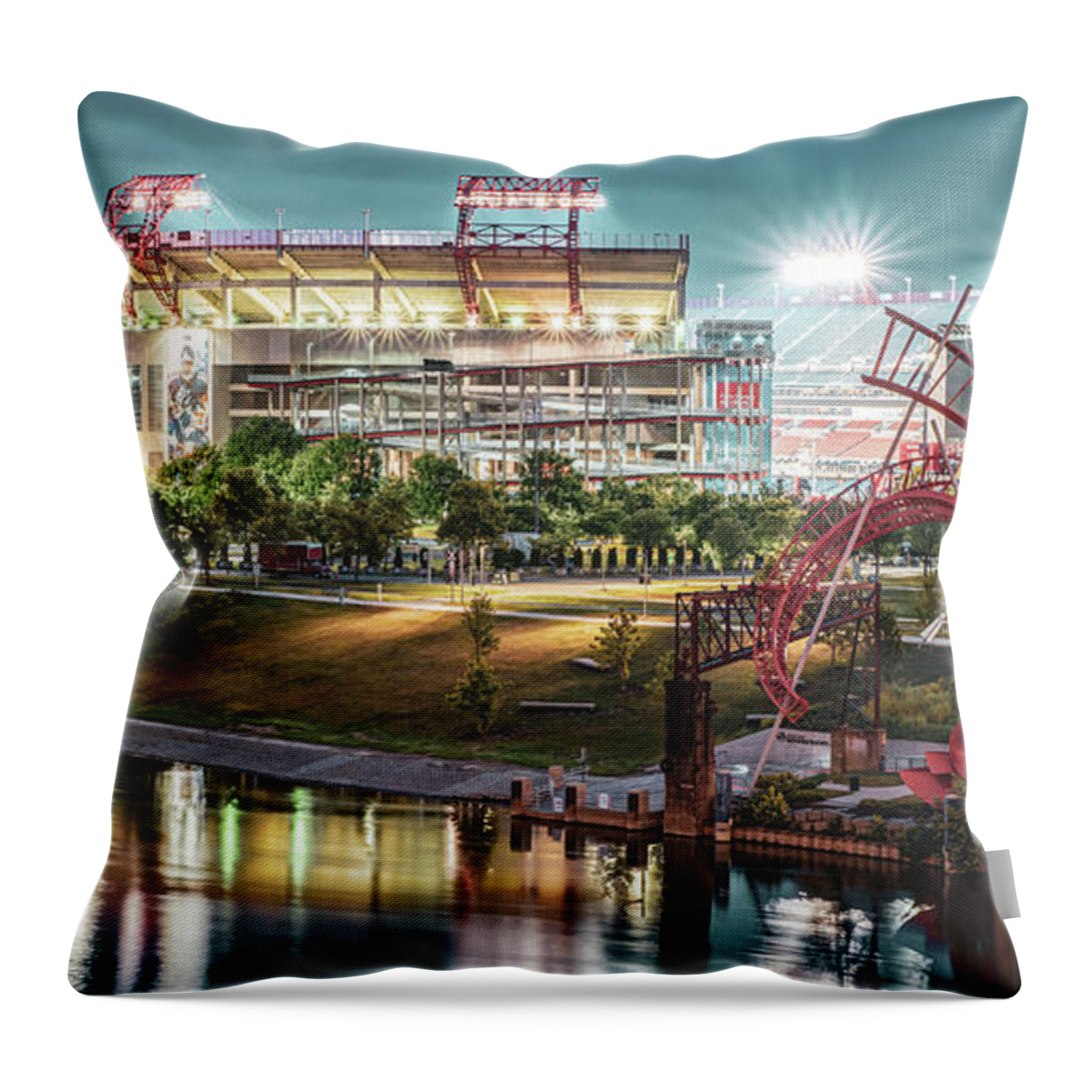 Tennessee Titans Throw Pillow featuring the photograph Nashville Tennessee Football Stadium on the Cumberland River Panorama by Gregory Ballos