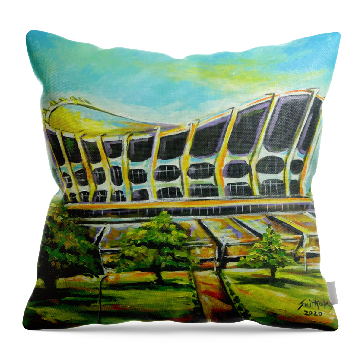 Living Room Throw Pillow featuring the painting National Theatre Nigeria by Olaoluwa Smith