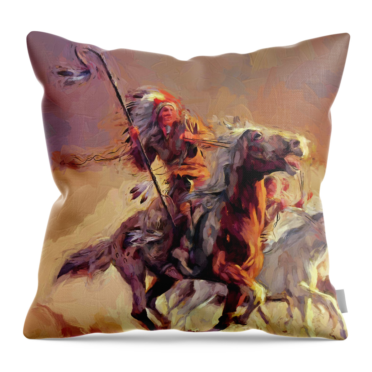 Westcoast Throw Pillow featuring the painting Native American Fighting on Horse by Gull G