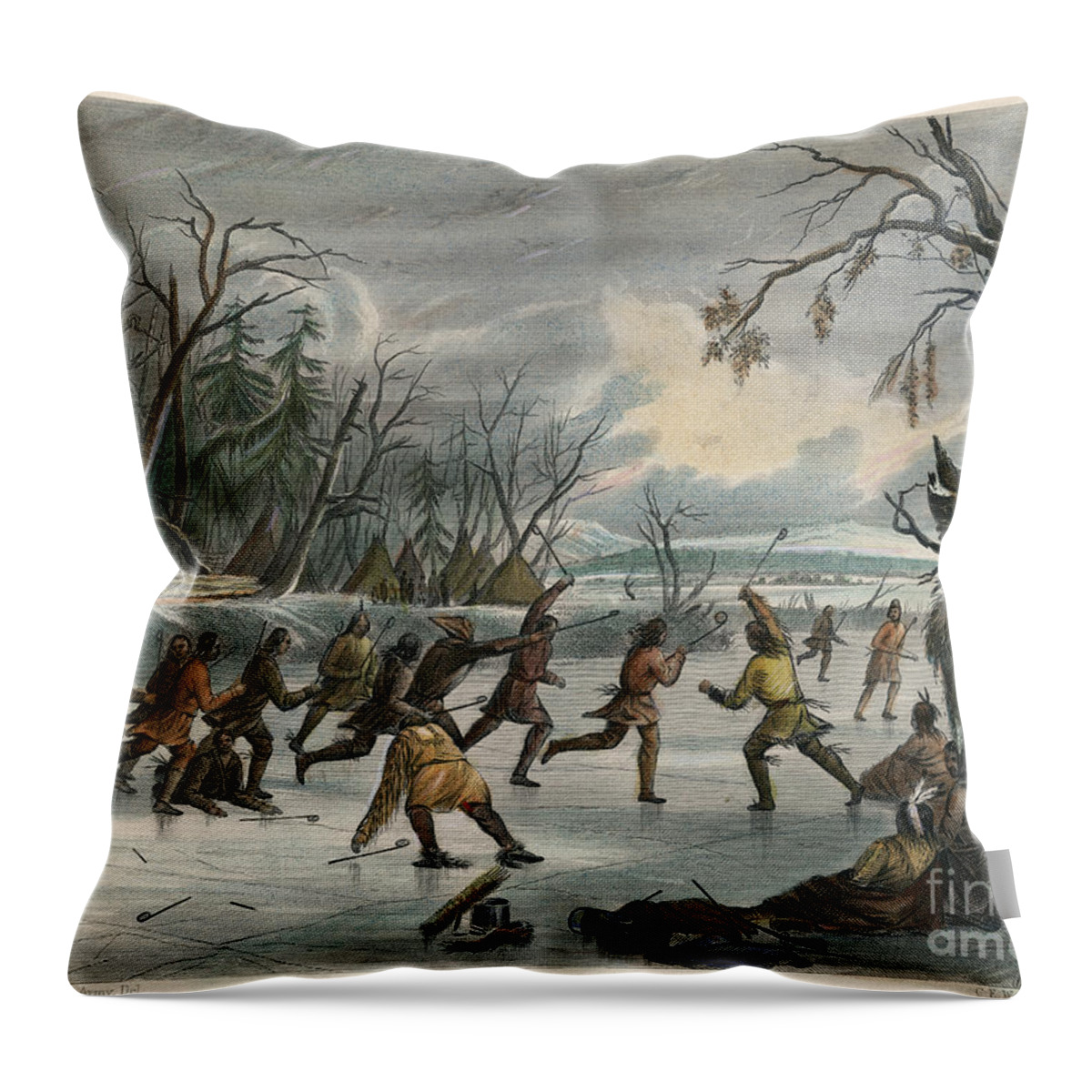 1855 Throw Pillow featuring the photograph Native American Lacrosse Game, 1855 by Granger