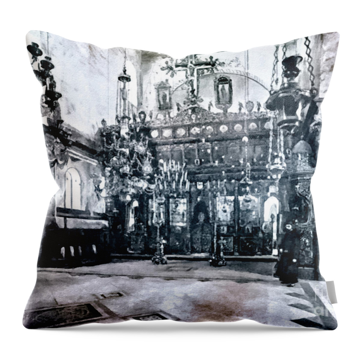 Orthodox Throw Pillow featuring the photograph Nativity Church Altar in 19th Century by Munir Alawi