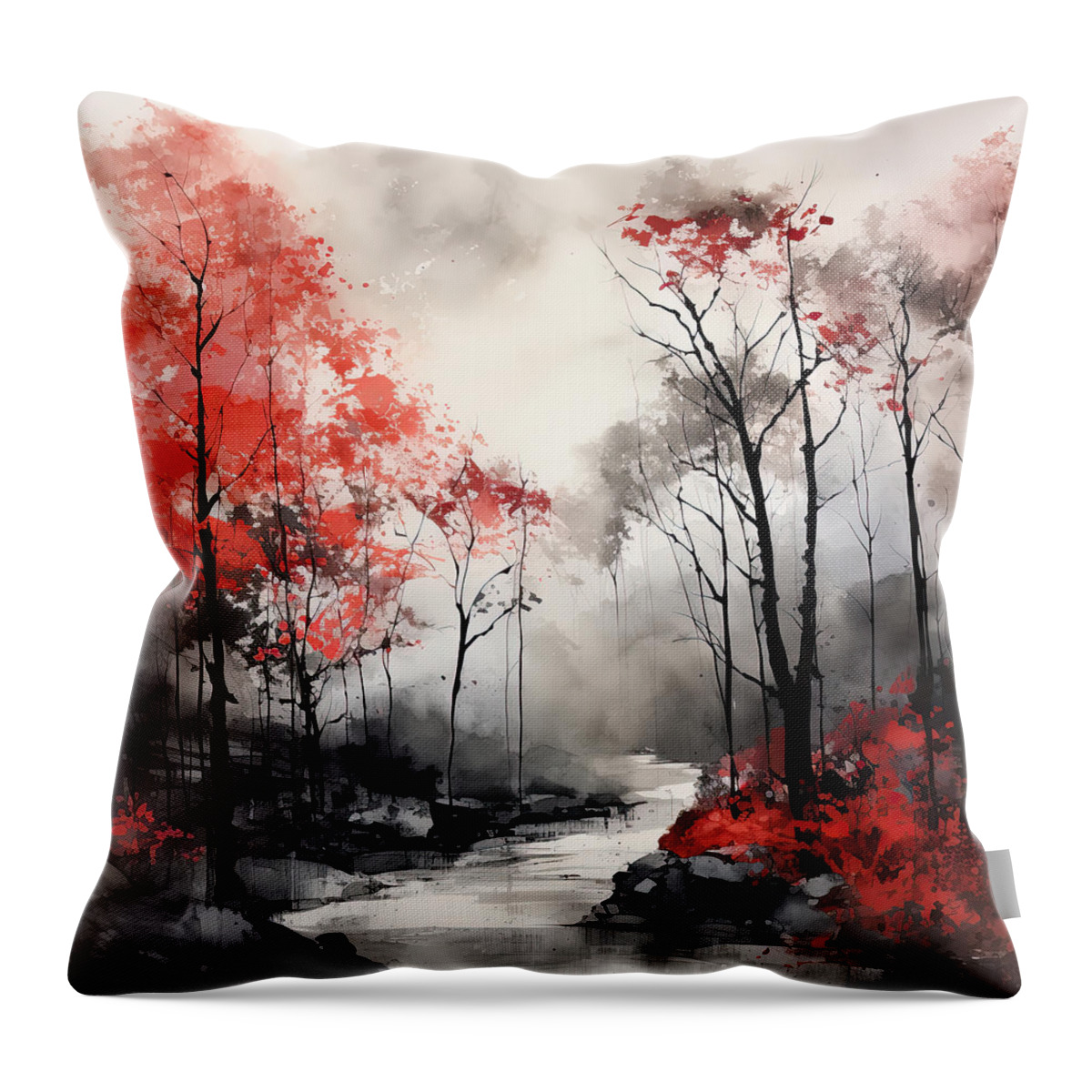 Red And Gray Throw Pillow featuring the painting Nature Red Intertwine by Lourry Legarde