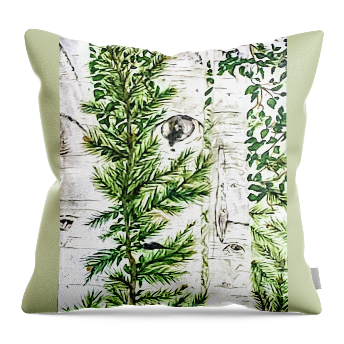 Aspens Pines Trees Aspen Trees. Pine Trees Throw Pillow featuring the painting Nature's Spy by Teri Merrill