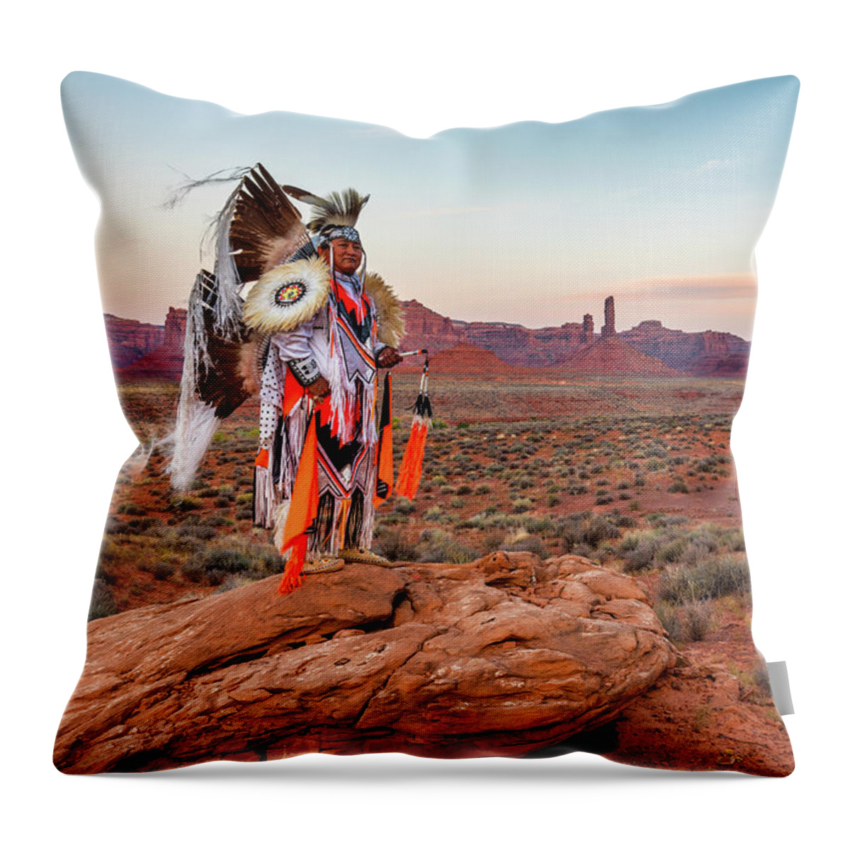 Southwest Throw Pillow featuring the photograph Navajo Fancy Dancer at Valley Of The Gods - 6 by Dan Norris