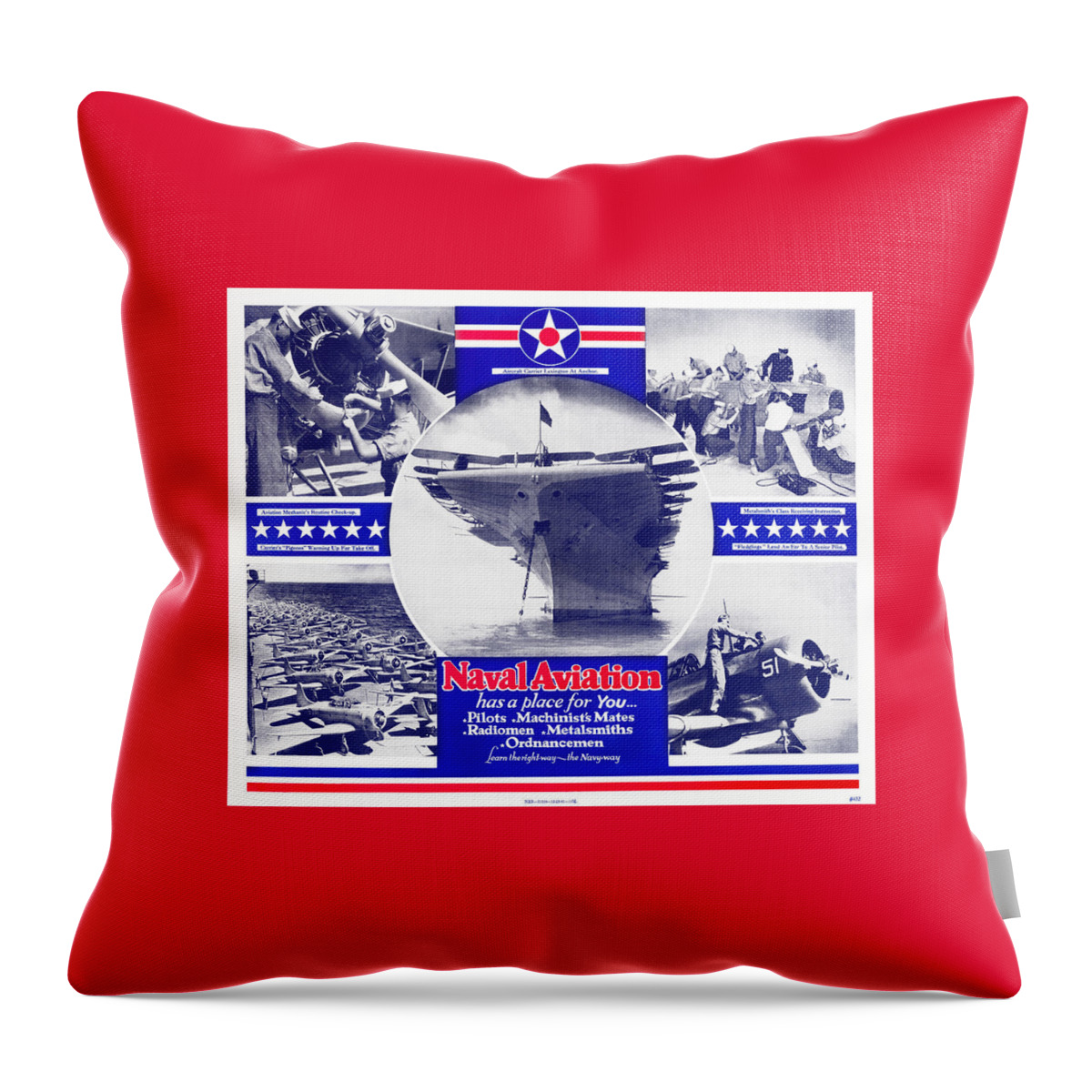 United States Navy Throw Pillow featuring the mixed media Naval Aviation Has A Place For You - World War Two Recruiting by War Is Hell Store