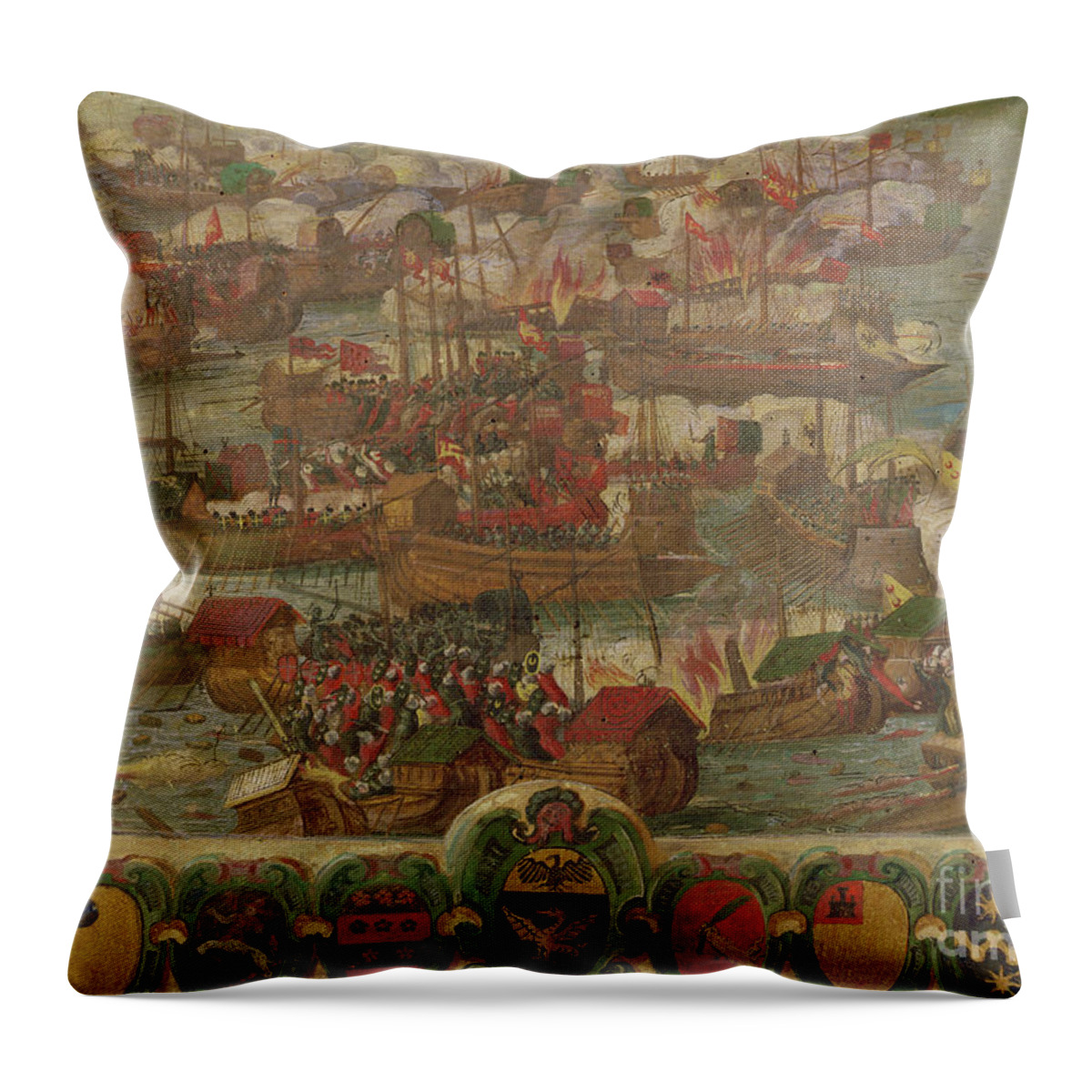 Boat Throw Pillow featuring the painting Naval Battle Of Lepanto, 1571 by Italian School