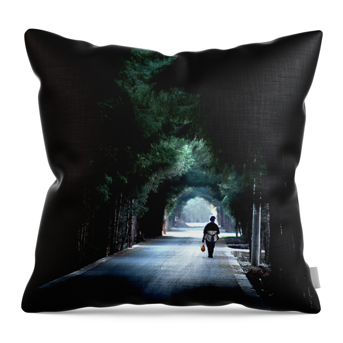China Throw Pillow featuring the photograph Naxi Woman in the Tunnel of Trees by Mark Gomez