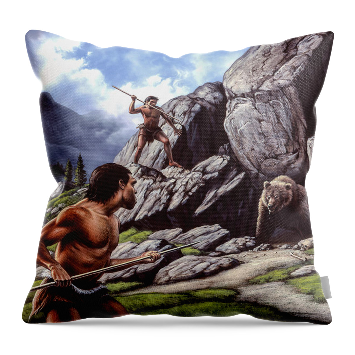 Pleistocene Throw Pillow featuring the painting Neanderthal Hunt by Jerry LoFaro