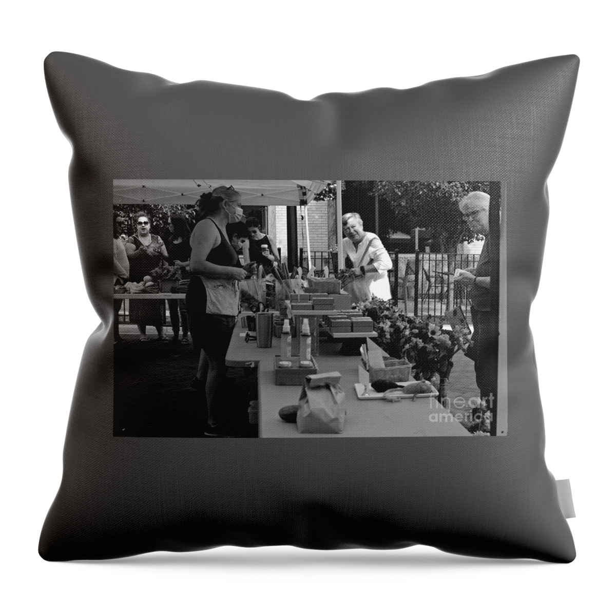 People Throw Pillow featuring the photograph Neighborhood Farmers Market - Black and White - Frank J Casella by Frank J Casella