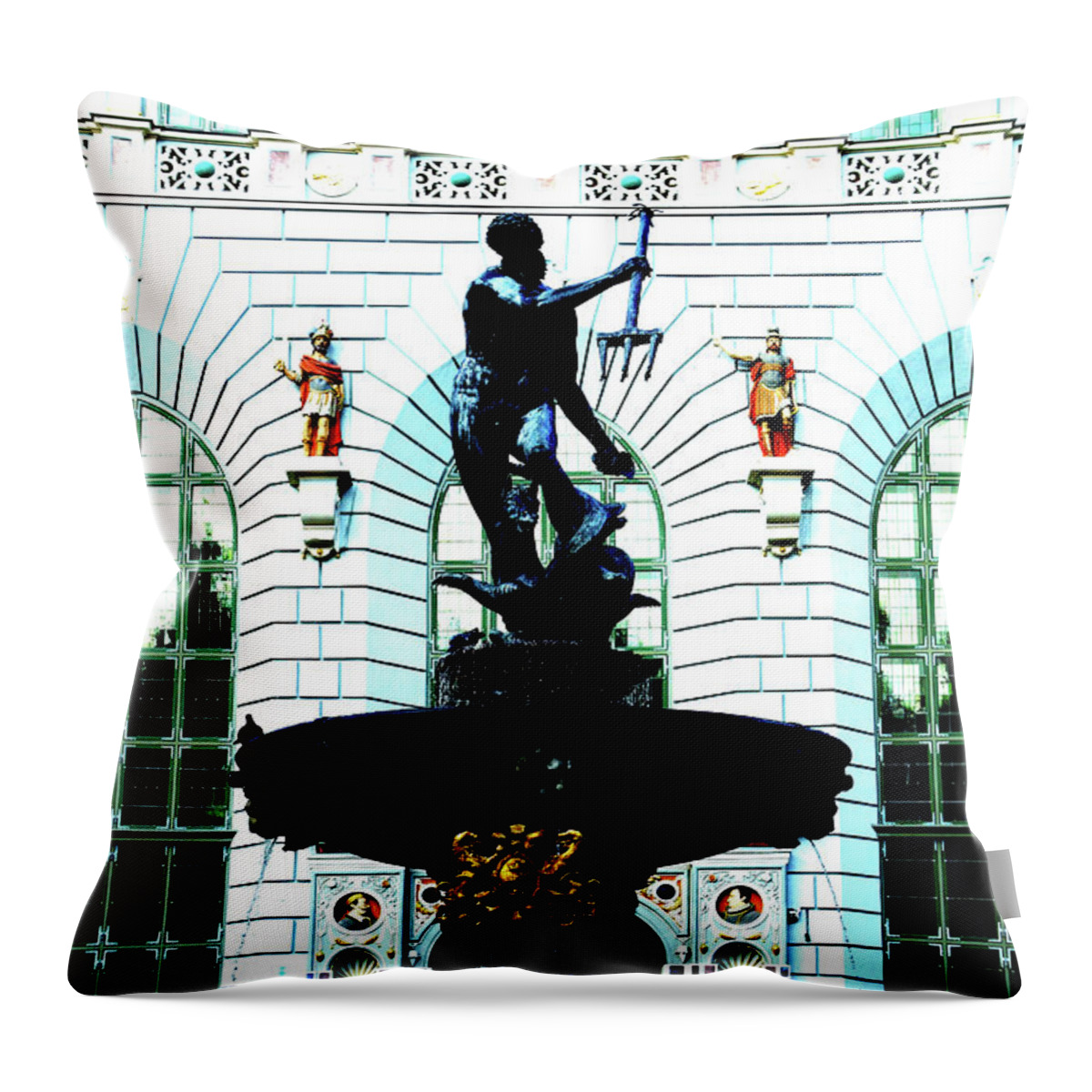 Neptun Throw Pillow featuring the photograph Neptun Monument In Gdansk, Poland by John Siest