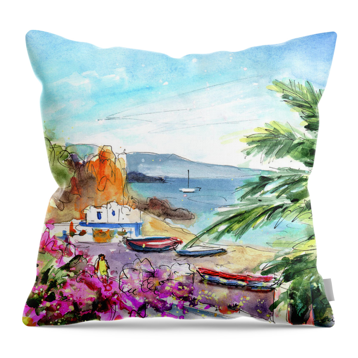 Travel Throw Pillow featuring the painting Nerja Beach 05 by Miki De Goodaboom