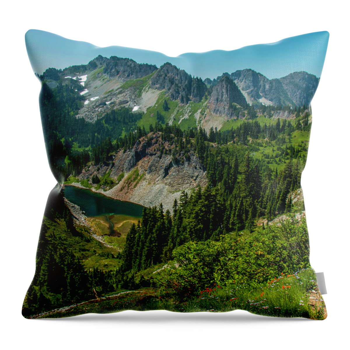 Mount Rainier National Park Throw Pillow featuring the photograph Nestled Beneath the Cliffs by Doug Scrima