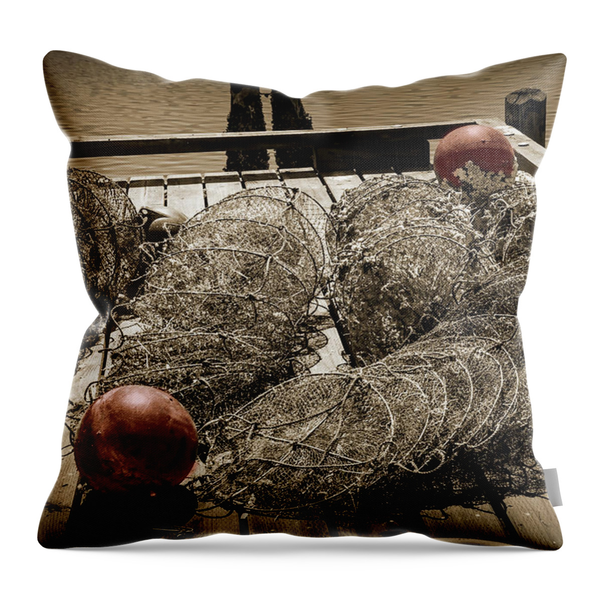 Oyster-farm Throw Pillow featuring the photograph Nets And Balls by Kirt Tisdale