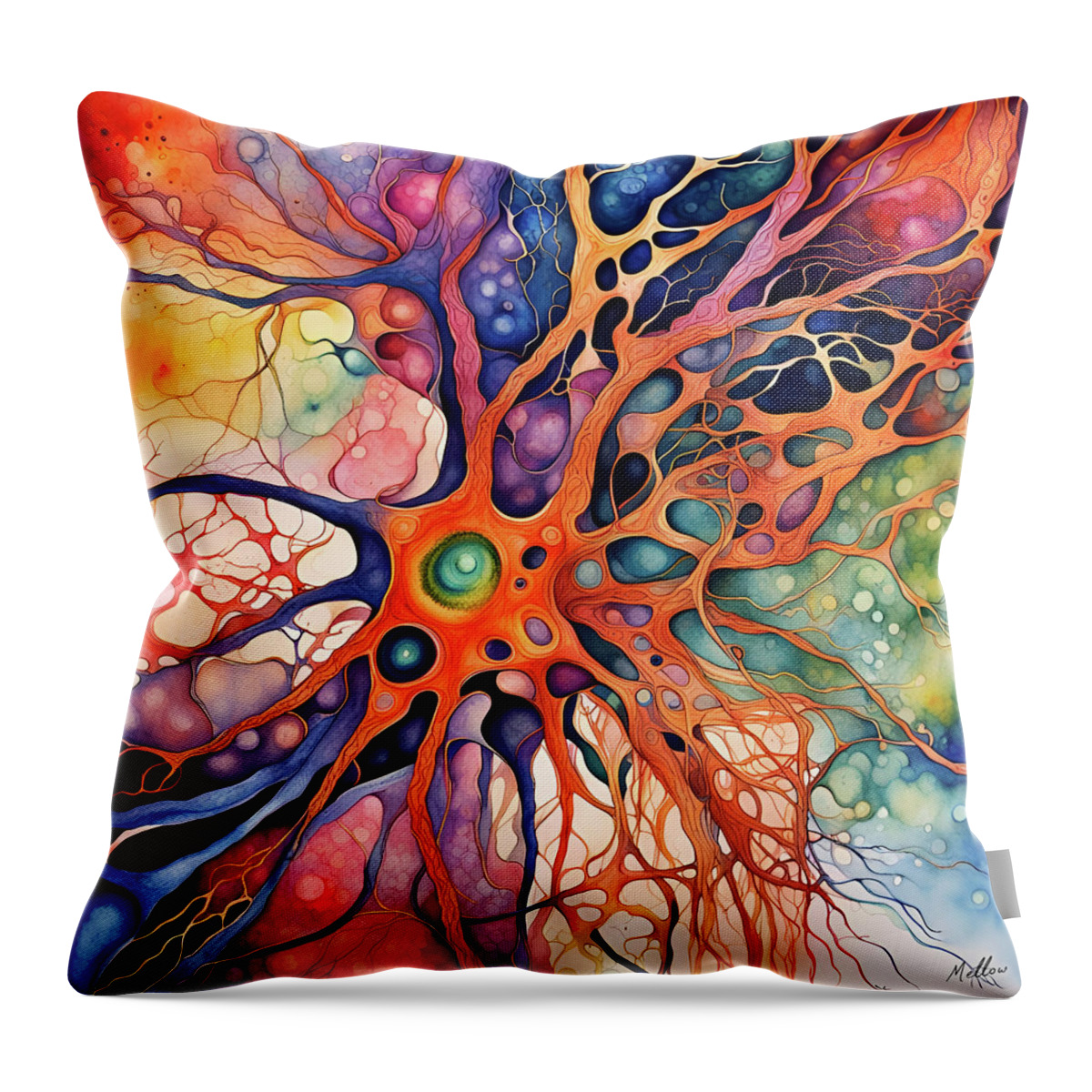 Brain Art Throw Pillow featuring the digital art Neurographic Journey - A Splash of Vibrant Colors by Mellow Art