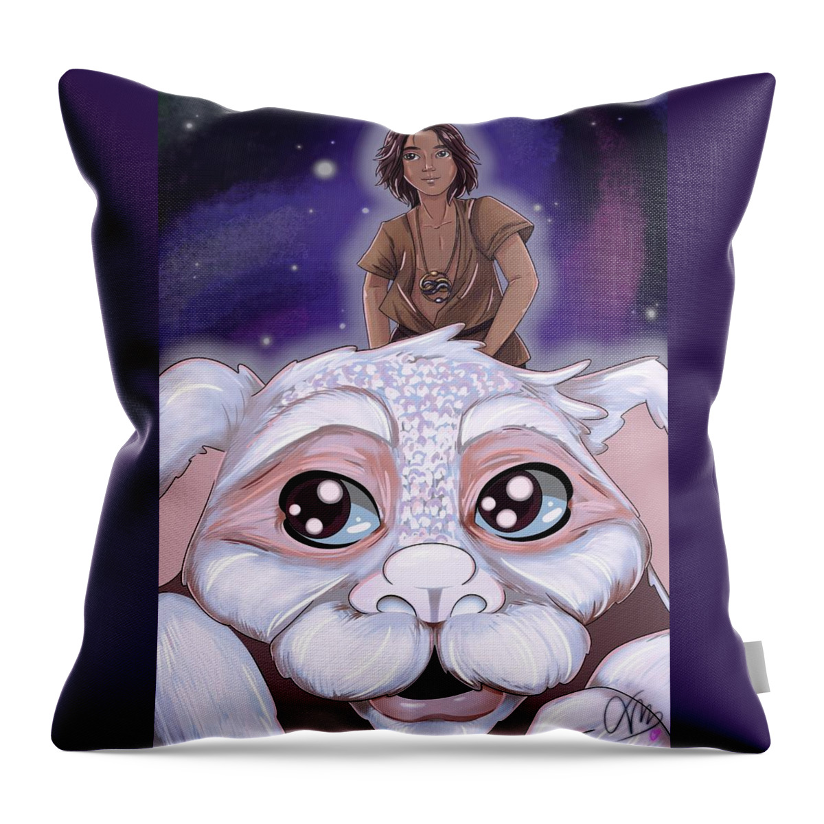 This Digital Drawing Is A Fanart Piece Of The Classic 80's Movie The Neverending Story. In This Drawing You Can See The Characters Mighty Warrior Atreyu And The Lucky Dragon Falkor. Throw Pillow featuring the digital art Neverending Story Fanart by Tania Brochado
