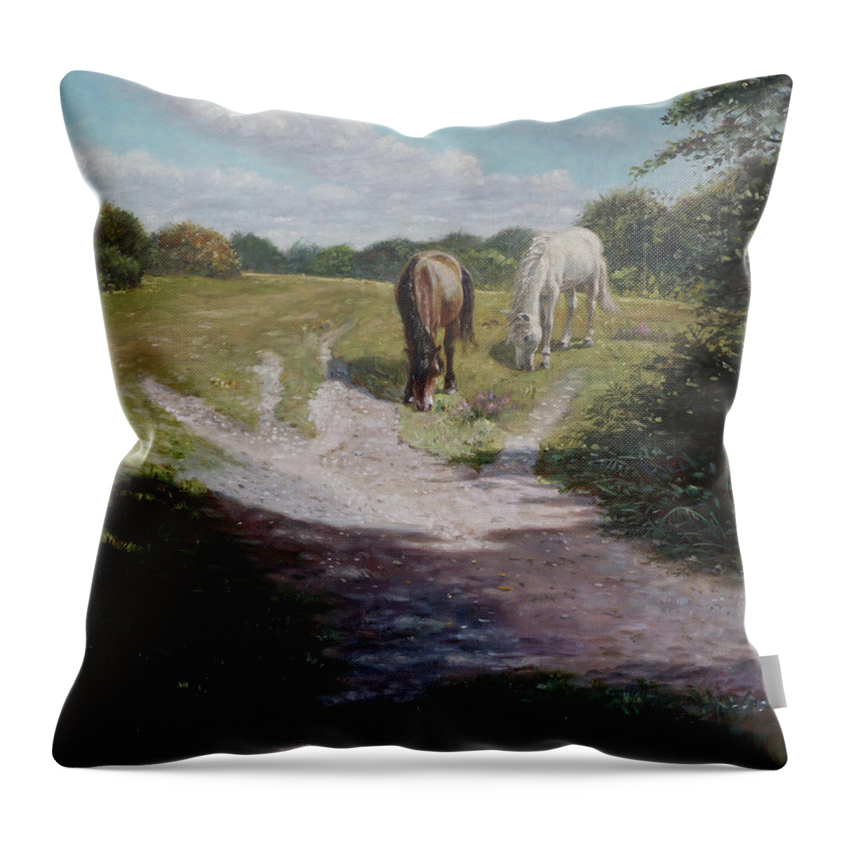 Horse Throw Pillow featuring the painting New Forest Horses with light and shade by Martin Davey