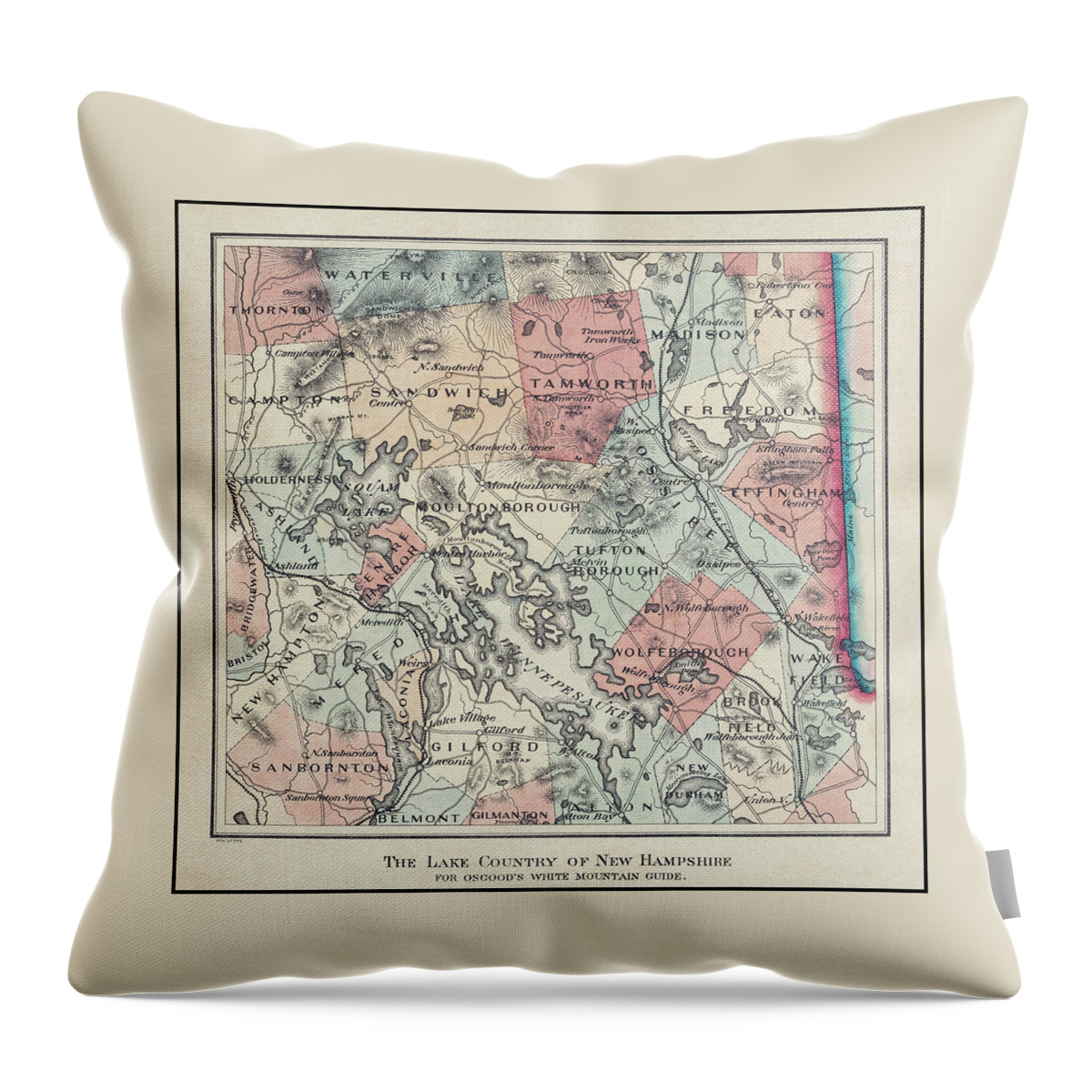 New Hampshire Map Throw Pillow featuring the photograph New Hampshire Lake Country Vintage Map 1870 by Carol Japp