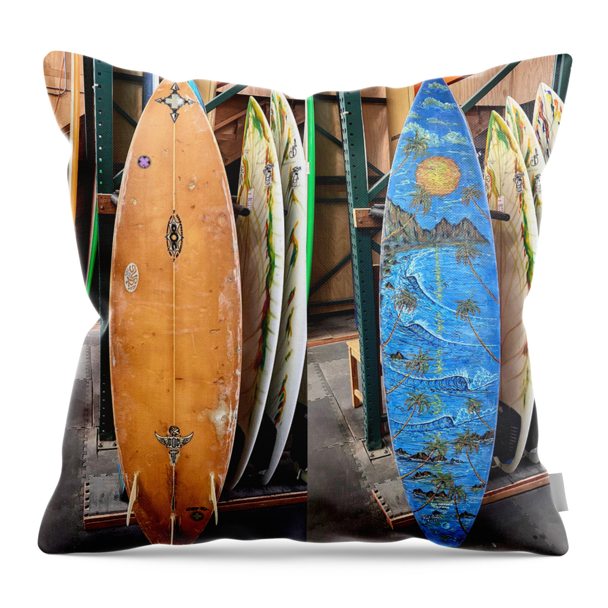 Paintedsurfboards Throw Pillow featuring the painting New life perception by Paul Carter
