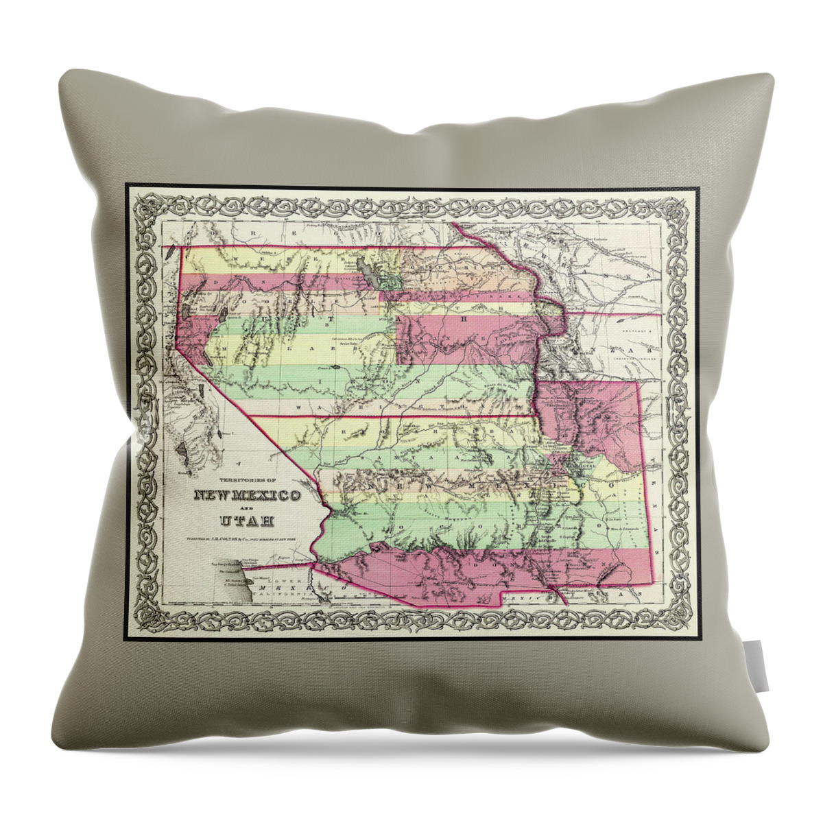 New Mexico Map Throw Pillow featuring the photograph New Mexico and Utah Vintage Map 1855 by Carol Japp
