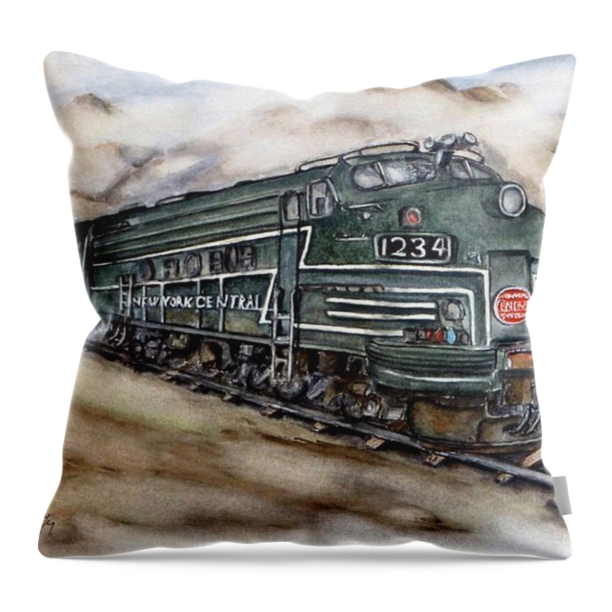 New York Central E-8aa Train Throw Pillow featuring the painting New York Central Train by Kelly Mills
