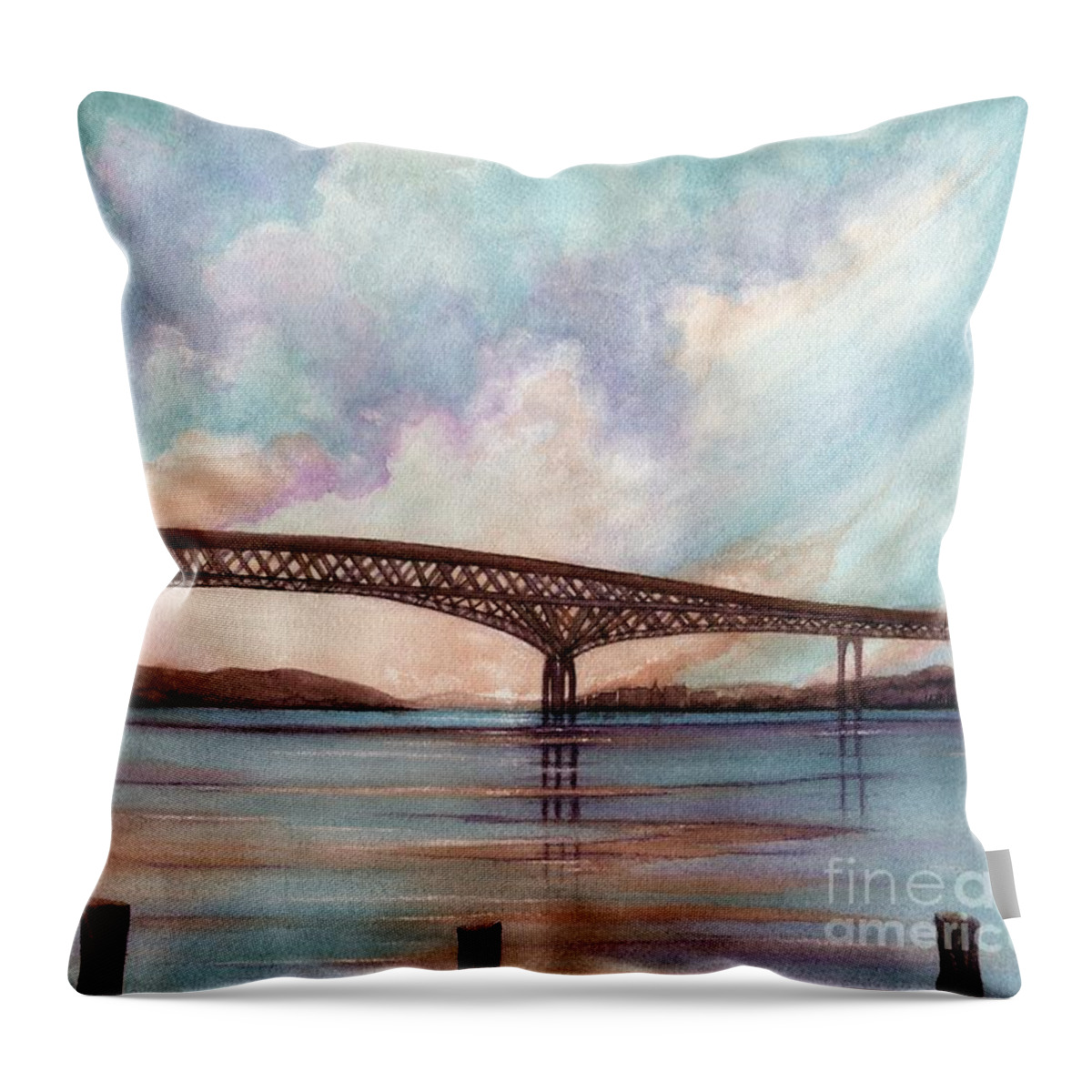 Bridge Throw Pillow featuring the painting Newburgh Beacon bridge sky by Janine Riley