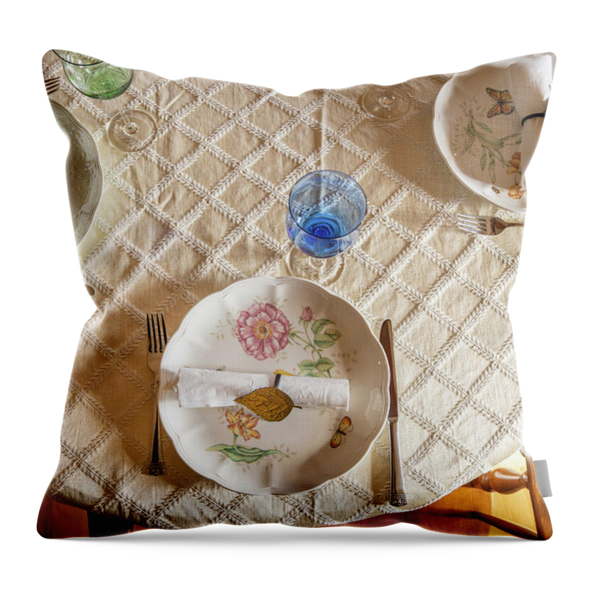 Arranging Throw Pillow featuring the photograph Nice autumn tablesetting ready for a holiday meal. by Kyle Lee