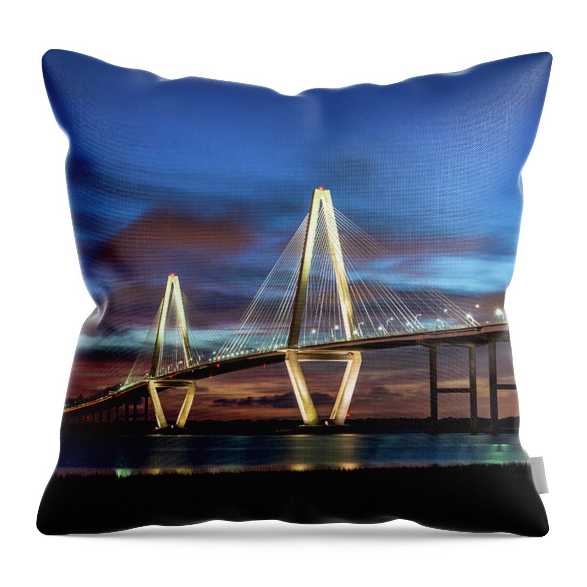 Charleston Throw Pillow featuring the photograph Night At Arthur Ravenel Bridge by Jennifer White