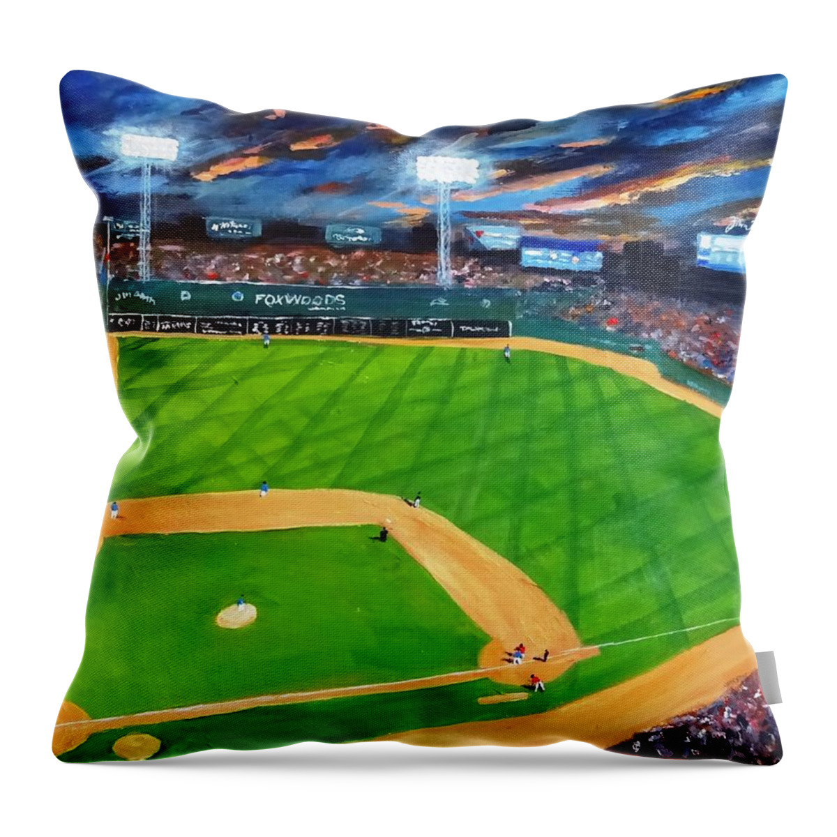 Baseball Throw Pillow featuring the painting Night Game Fenway Park by Brent Arlitt