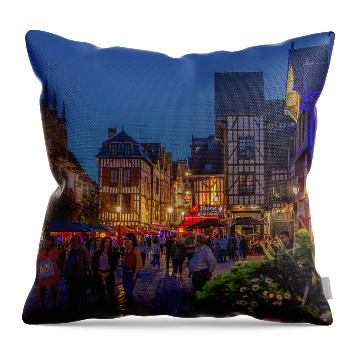 Crowds Throw Pillow featuring the photograph Night Life in Troyes, France by Marcy Wielfaert