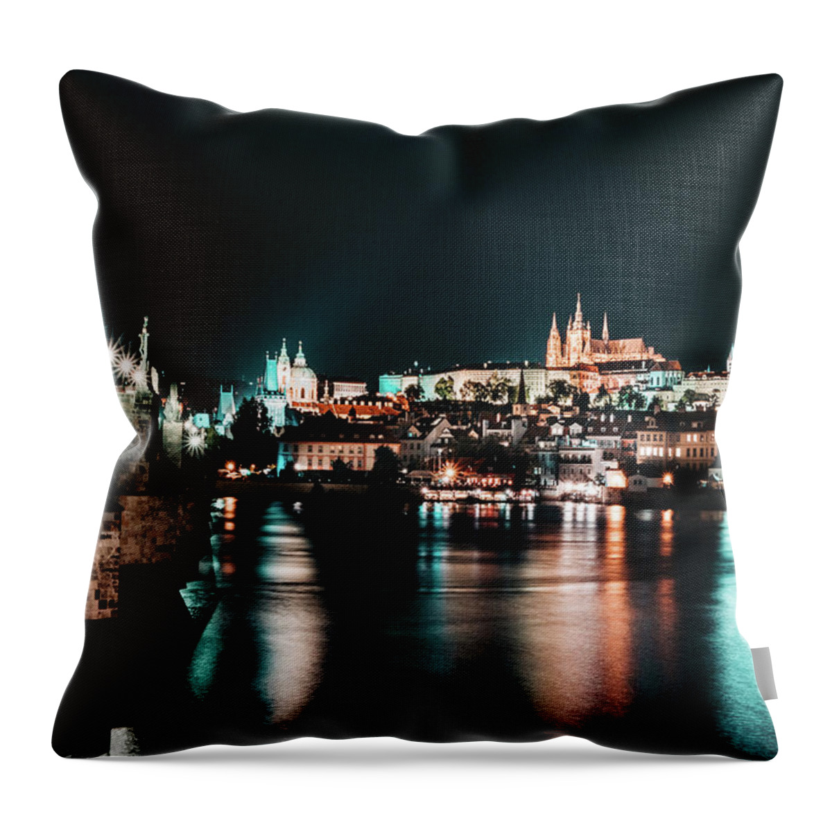 Lamps Throw Pillow featuring the photograph Night long exposition of Charles Bridge in Prague by Vaclav Sonnek