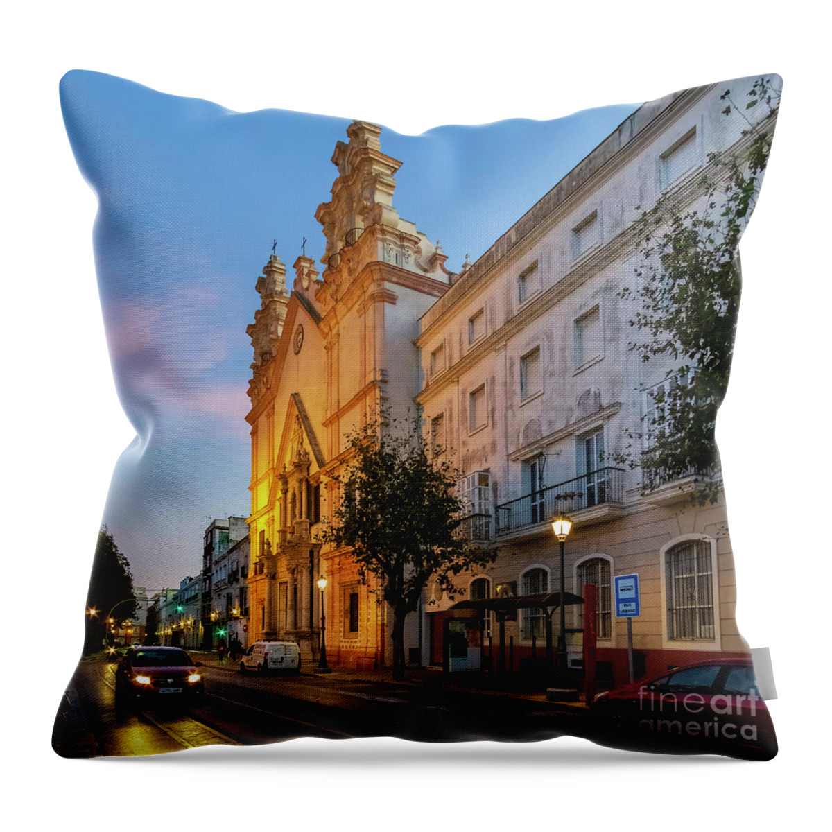Catholicism Throw Pillow featuring the photograph Night View of del Carmen Church in Alameda Apodaca Cadiz Andalusia by Pablo Avanzini
