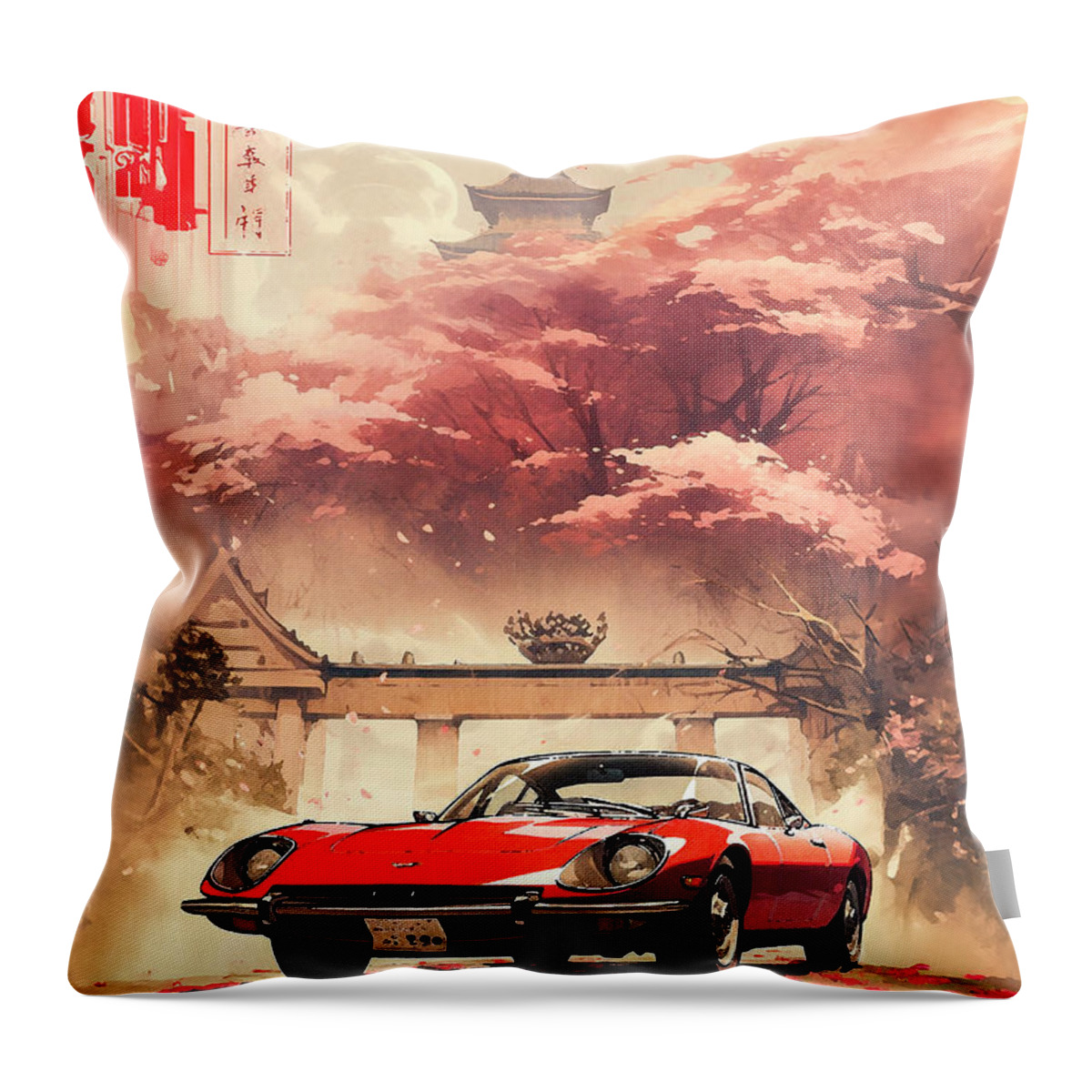 Mazda Throw Pillow featuring the drawing No00026 My Mazda Cosmo car ukiyo-e japanese style by Clark Leffler