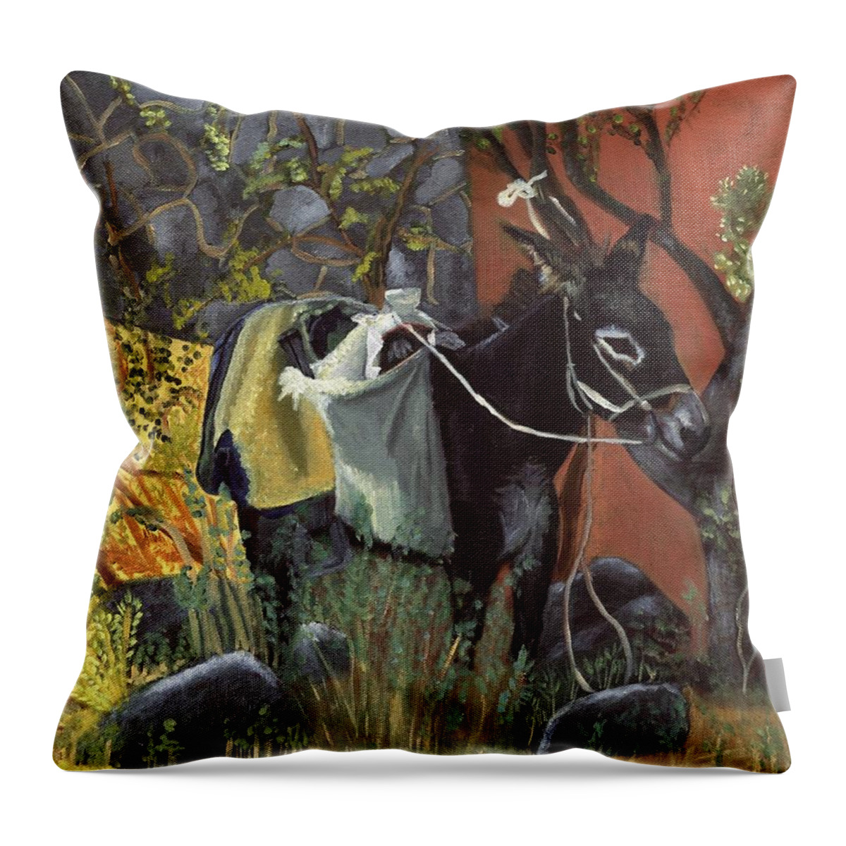Donkey Throw Pillow featuring the painting Noontime Rest by Glenda Rogers
