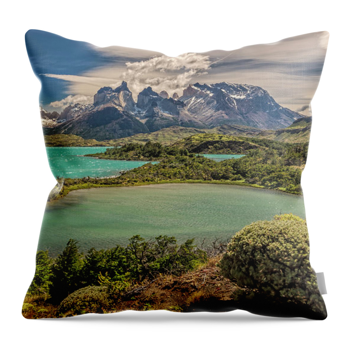 Andes Throw Pillow featuring the photograph Nordenskjold lake view Paine Grande los Cuernos and Monte Almi by Henri Leduc