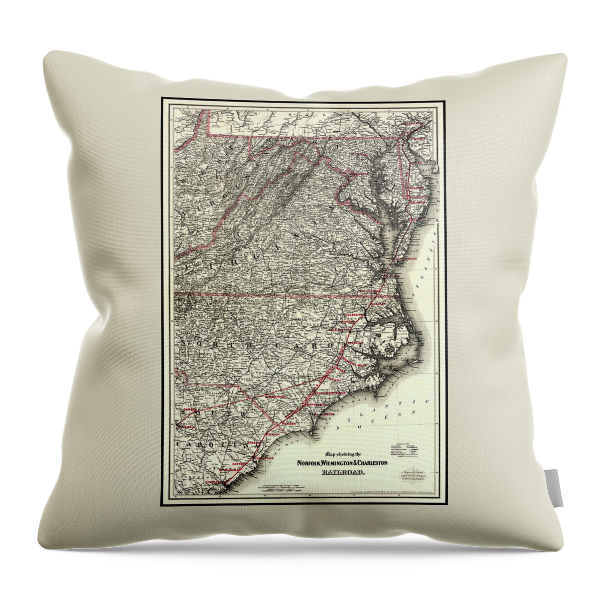 Norfolk Throw Pillow featuring the photograph Norfolk Wilmington and Charleston Vintage Railroad Map 1891 by Carol Japp