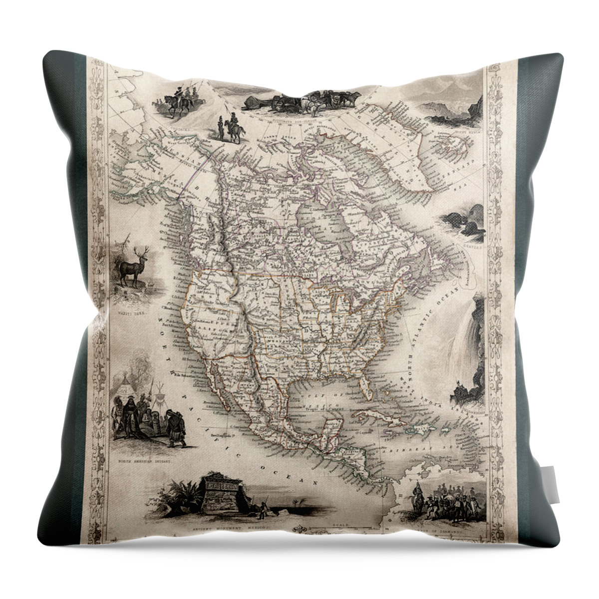 North America Throw Pillow featuring the photograph North America Map 1851 with illustrations and boundaries by Phil Cardamone