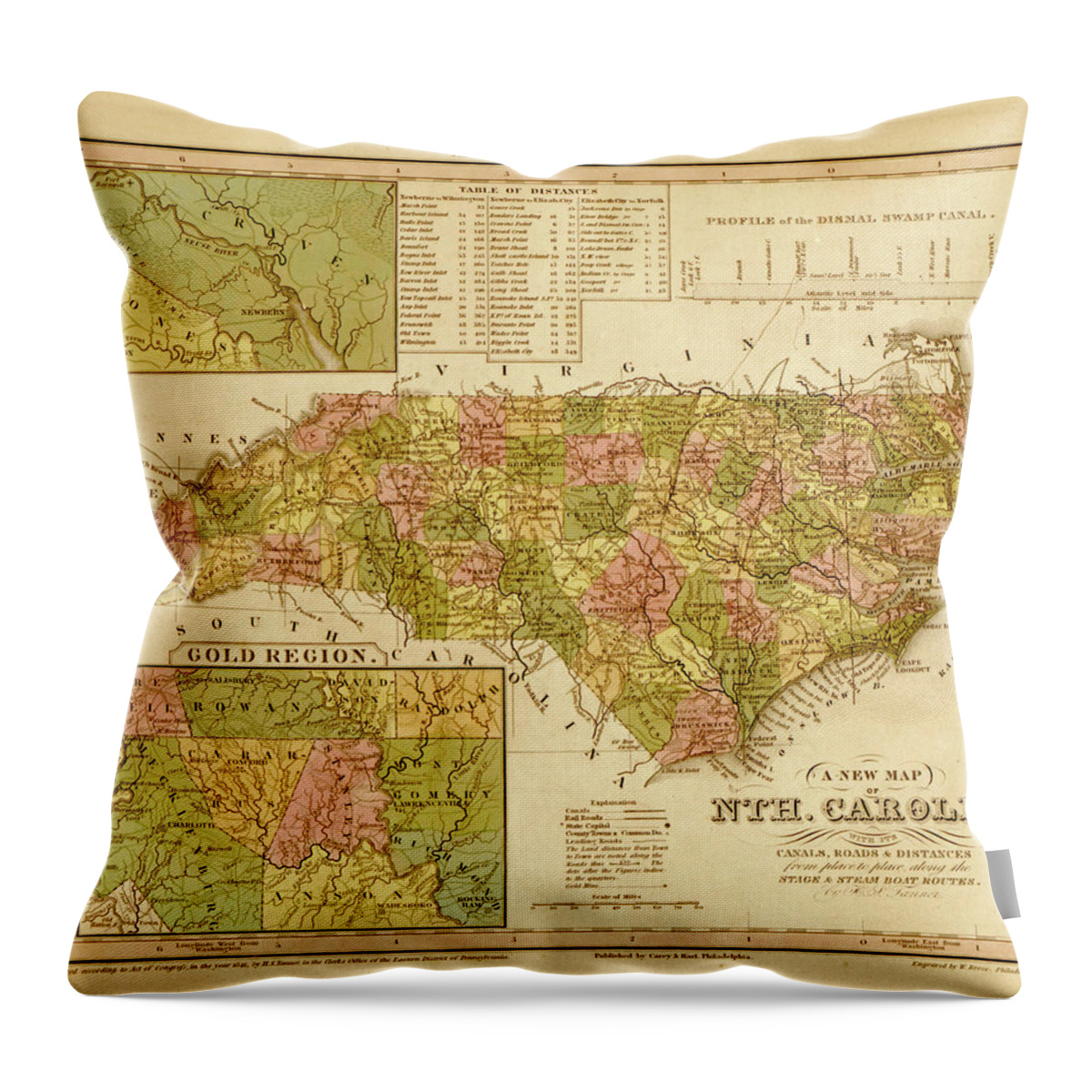 North Carolina Throw Pillow featuring the drawing North Carolina 1844 by Vintage Maps