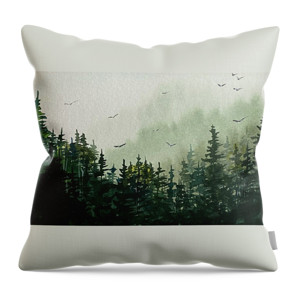 Northern Pines Maine Throw Pillow featuring the painting Northern Pines in the Mist by Kellie Chasse