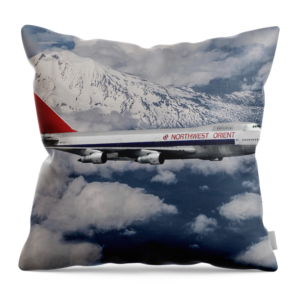 Northwest Orient Airlines Throw Pillow featuring the mixed media Northwest Orient Airlines Boeing 747 and Mt. Rainier by Erik Simonsen