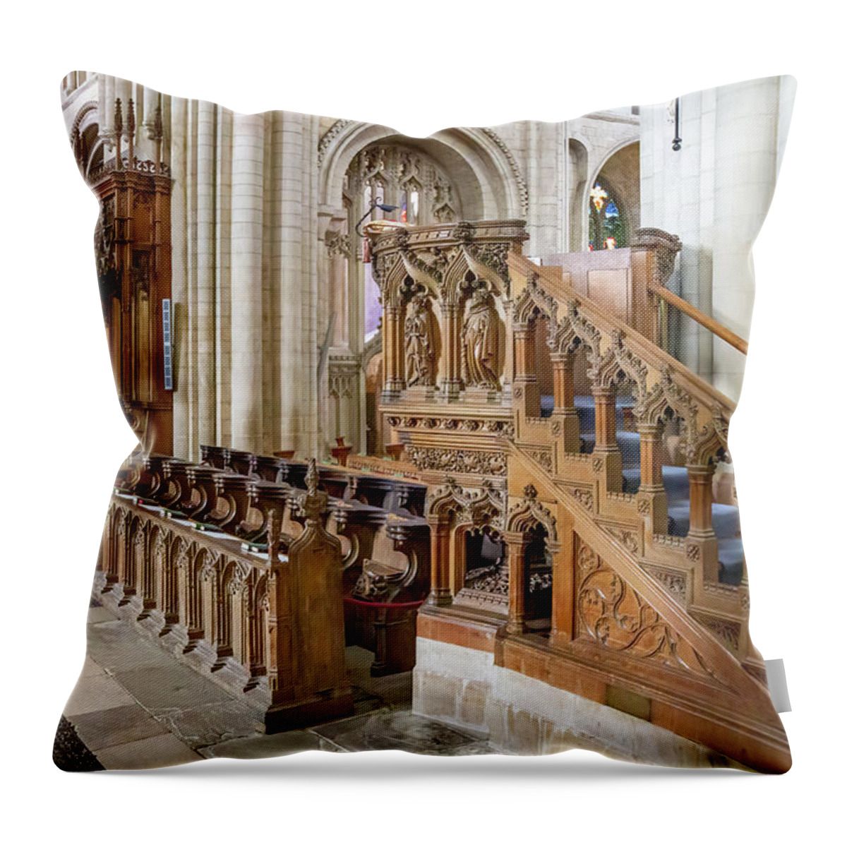Religion Throw Pillow featuring the photograph Norwich Cathedral Choir Stalls by Shirley Mitchell
