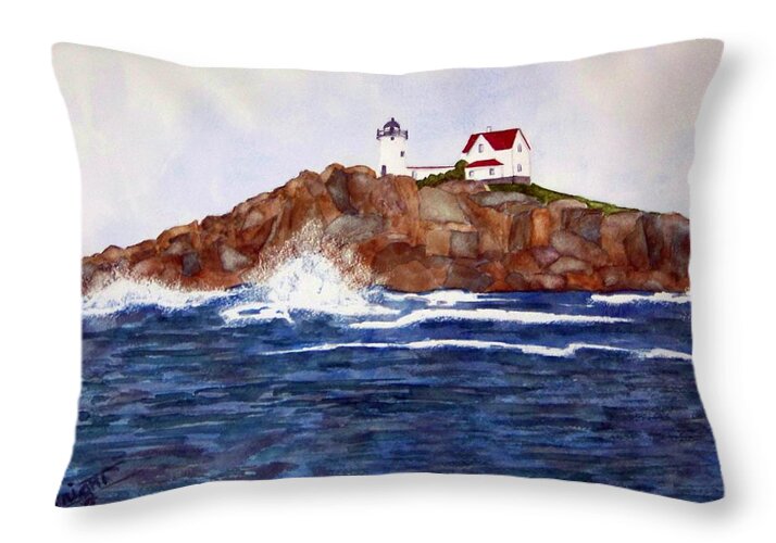 Lighthouse Throw Pillow featuring the painting Nubble Light SOLD by Larry Wright