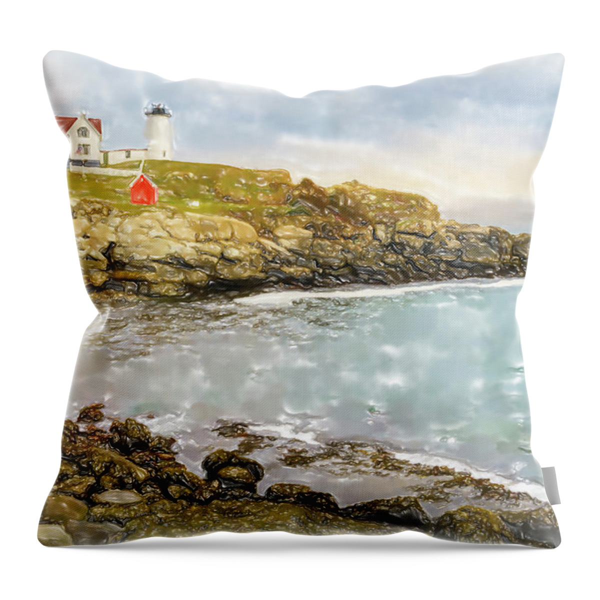 America Throw Pillow featuring the digital art Nubble lighthouse watercolor by Alexey Stiop