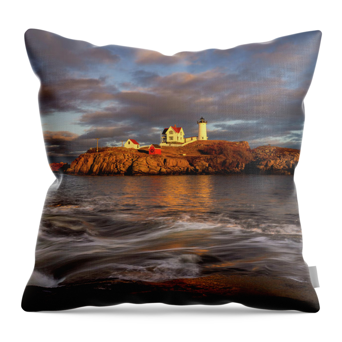 Nubble Lighthouse Throw Pillow featuring the photograph Nubble's Last Light - Nubble Lighthouse by Darren White