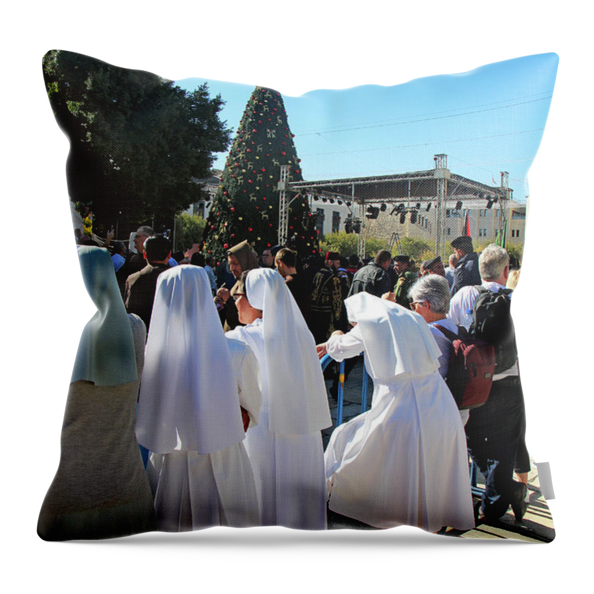 Christmas Tree Throw Pillow featuring the photograph Nuns at Nativity Square by Munir Alawi