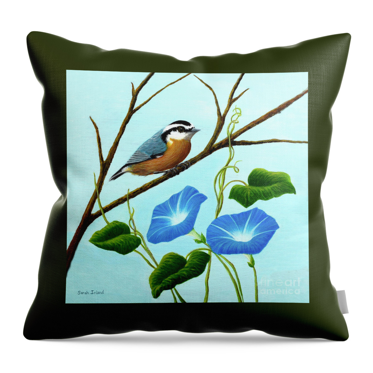 Portrait Throw Pillow featuring the painting Nuthatch and Morning Glories by Sarah Irland