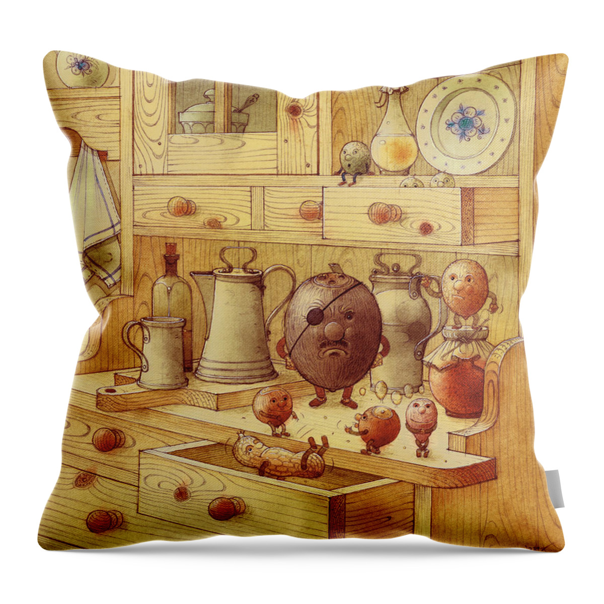 Nuts Kitchen Table Furniture Braun Wood Throw Pillow featuring the drawing Nuts 01 by Kestutis Kasparavicius