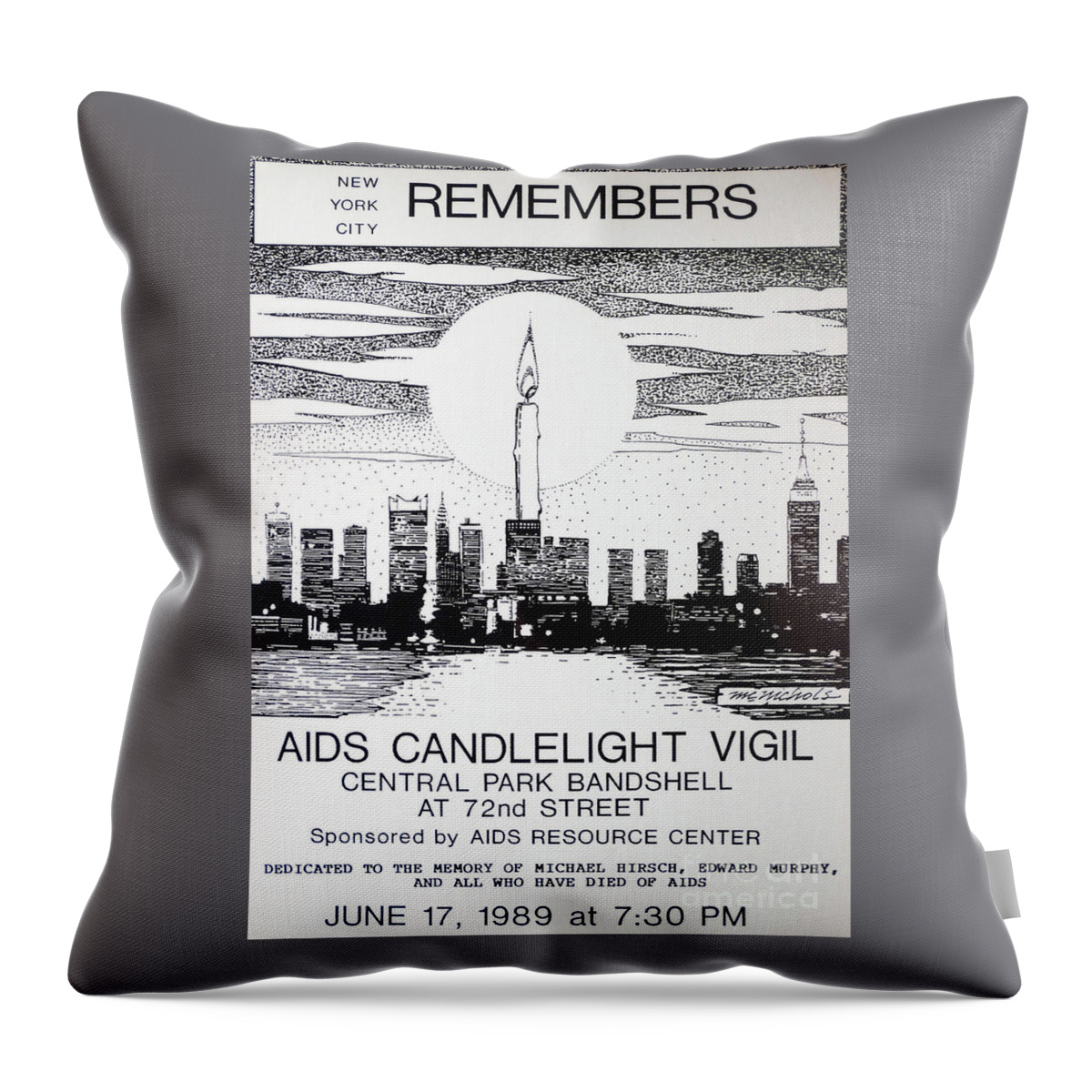 Nyc Aids Candlelight Vigil Poster Throw Pillow featuring the drawing NYC AIDS Poster by William Hart McNichols